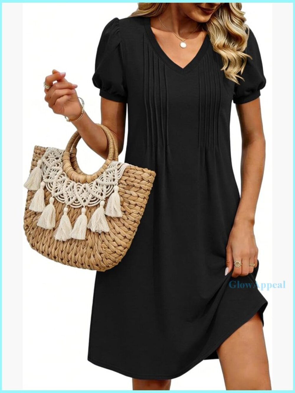 Pleated V-Neck Short Sleeve A-Line Flowy Boho Casual Summer Sundress